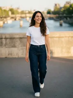 Femme en t-shirt blanc qui marche sur un pont à Paris