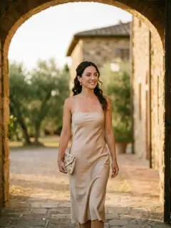 Femme en robe satinée sous une arche de pierre, en Italie