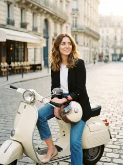 Femme assise sur une Vespa crème dans une rue pavée