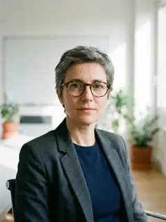Femme à lunettes en veste sombre dans un bureau lumineux