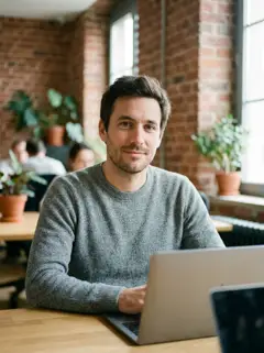 Homme en pull gris devant un ordinateur, dans un coworking